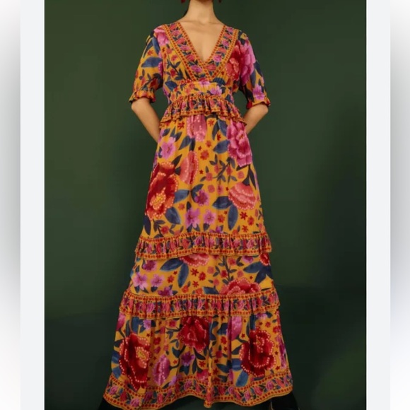 Farm Rio Anthropologie Floral Dream Short Sleeve Maxi Dress in Yellow Floral - Picture 1 of 9